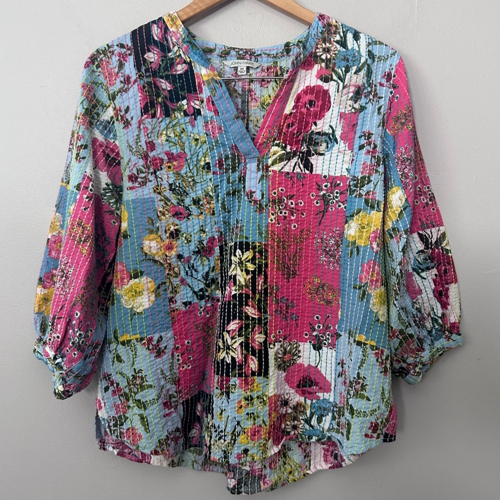John Mark Blouse Womens M Multicolor Patchwork Floral Kantha Stitch Boho Top